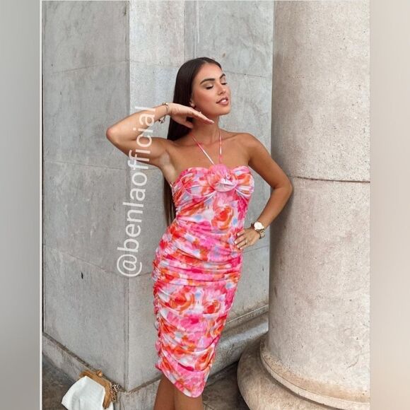 ZARA PRINTED TULLE MIDI DRESS PINK FLORAL - Picture 6 of 17